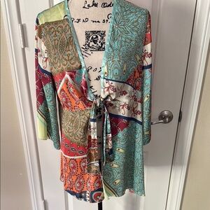 CAbi Tie Front Patchwork Tunic Multicolor Kimono